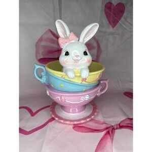 Easter Pink Bow Bunny in stacked teacups